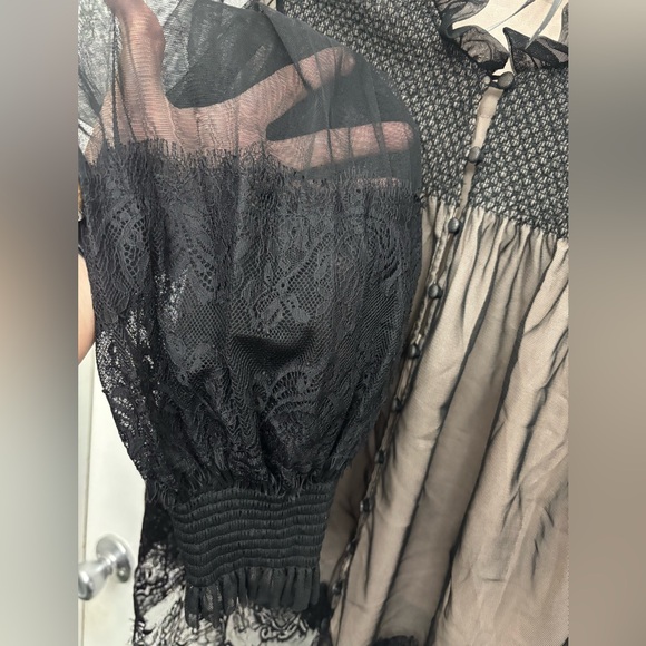 Anthropologie Sheer Black/Tan Lace Whimsigoth Dark Feminine Victorian Blouse, L - Picture 6 of 10